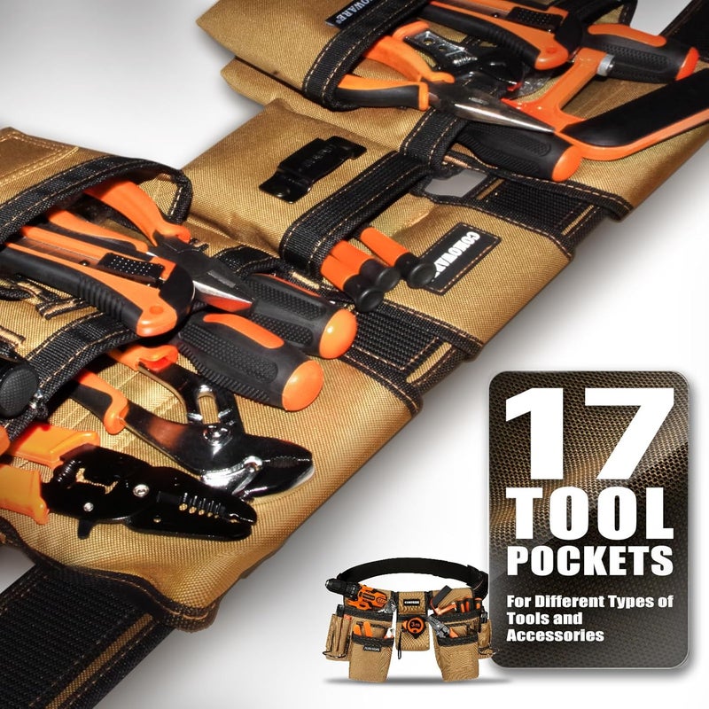 COMOWARE Tool Belt for Electricians & Construction Workers, Adjustable Heavy Duty Work Belt with Magnetic Zone, 17-Pocket Detachable System, Padded 600D Polyester Tool Belt for Men, Coffee Brown - Image 5